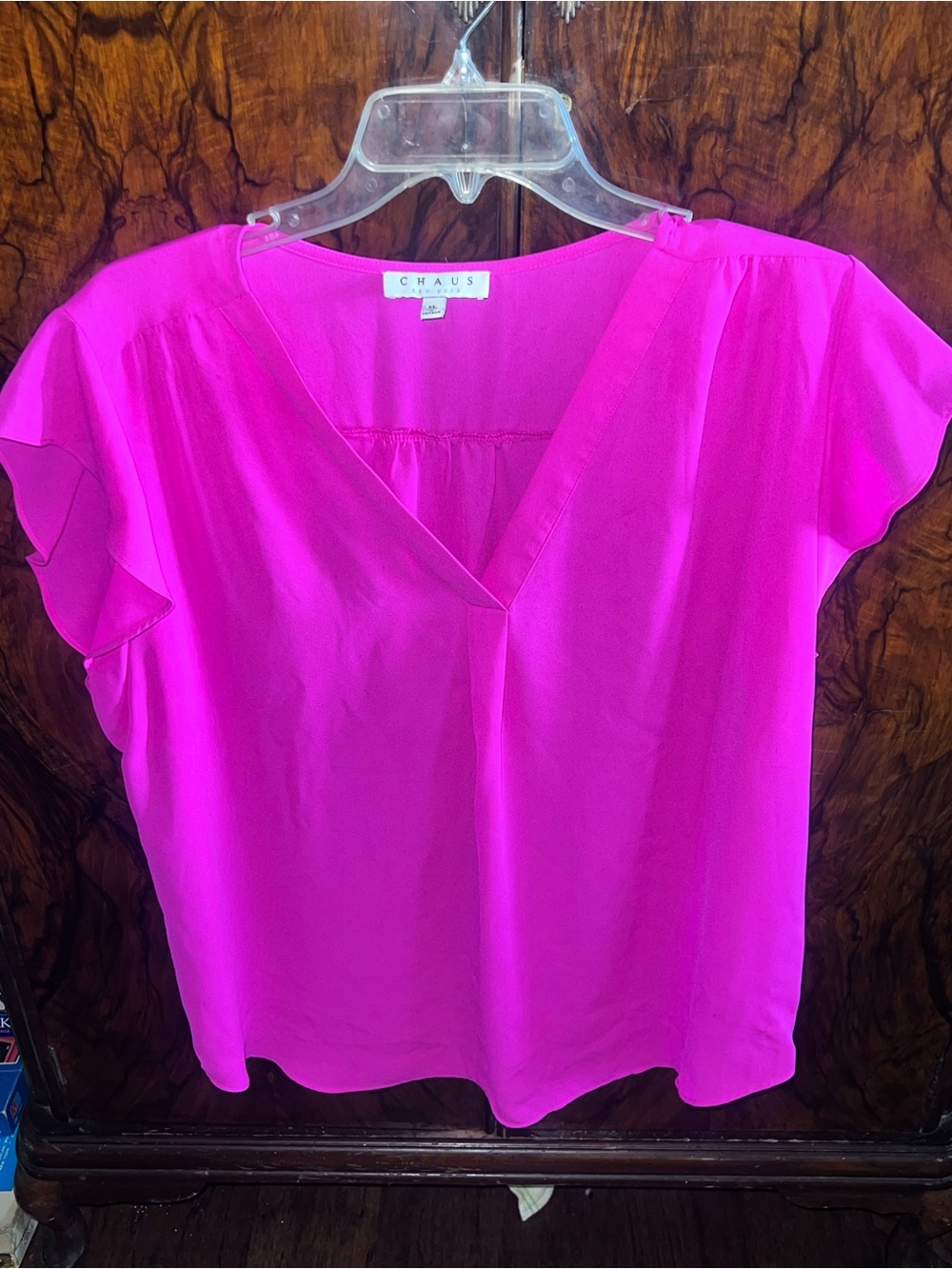 Chaus Bright Fuchsia V-Neck Flutter Sleeve Blouse